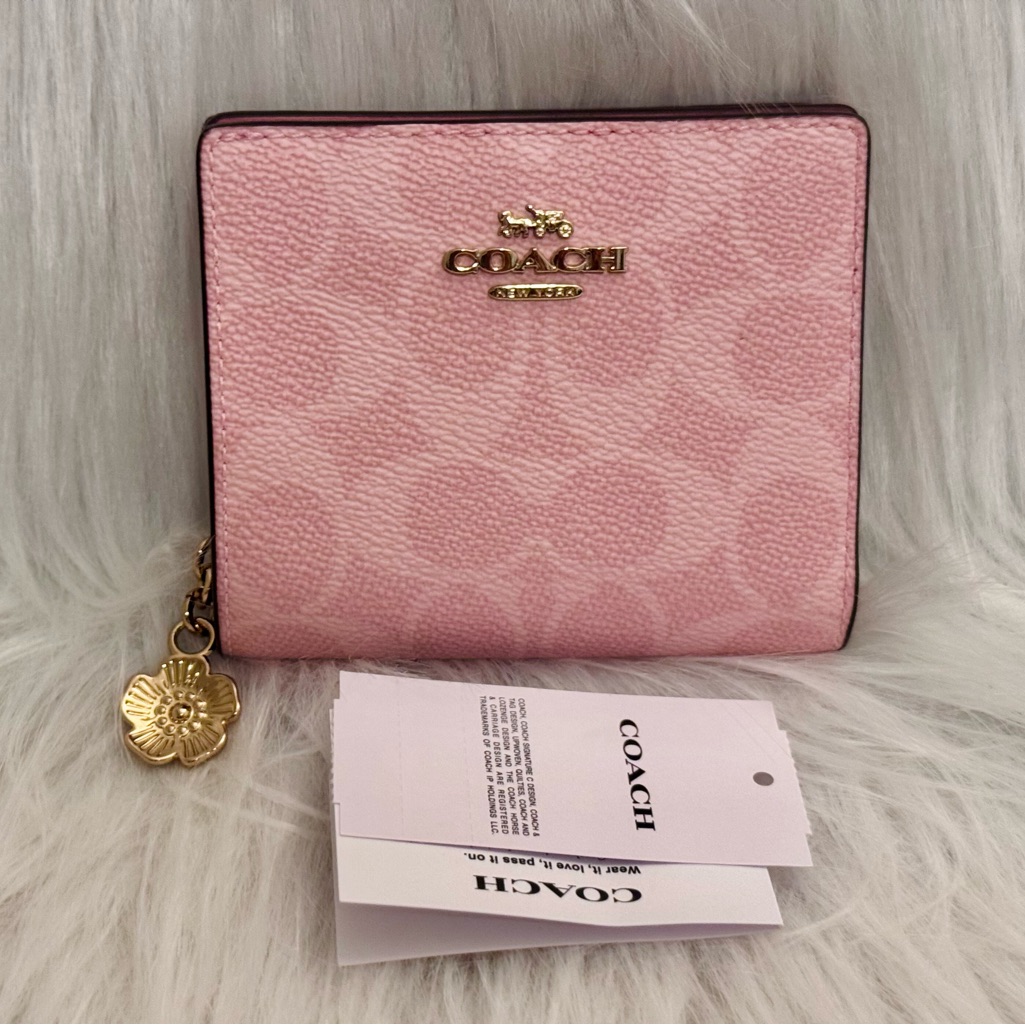 Coach Pink Signature Compact Wallet With Floral Charm